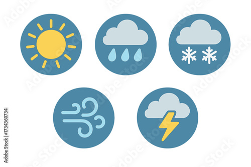 Modern flat design weather forecast icons with sun, rain, snow, wind, and thunderstorm symbols for climate conditions