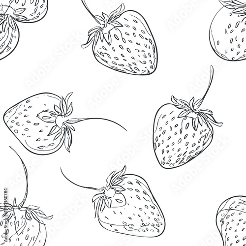 Seamless outline pattern featuring hand drawn strawberries in a minimalistic style..