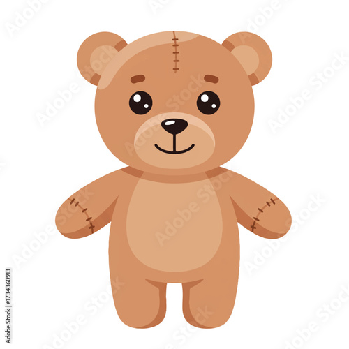 A charmingly cute teddy bear toy is presented in a cheerful flat 2D vector illustration style, standing simply isolated against a pristine plain white background.