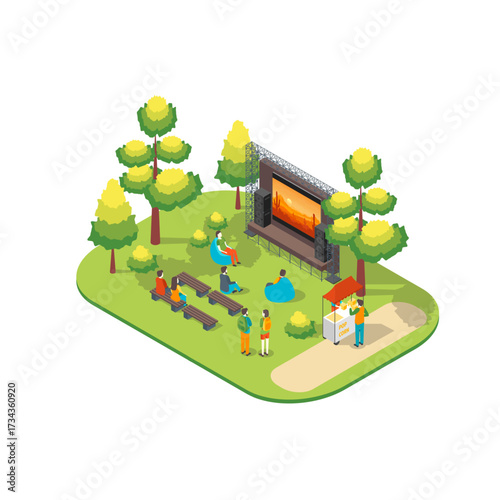 Cartoon Color Character People and Open Air Cinema Scene Park Summer Fest Concept 3d Isometric View. Vector illustration