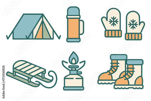 Essential gear for cold weather outdoor activities and winter camping adventures including tent, thermos, mittens, sled, stove, and boots