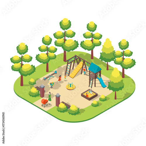 Cartoon Color Character People and Kid Playground Scene Park Summer Fest Concept 3d Isometric View. Vector illustration