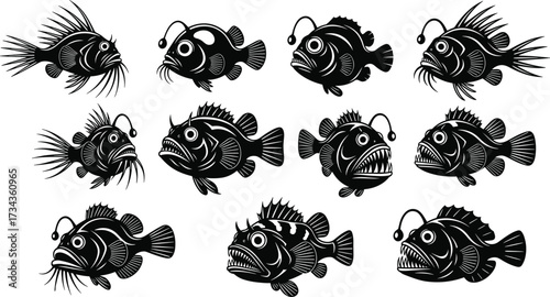 Anglerfish illustration set, deep sea silhouettes, bioluminescent lure, black and white vector, aquatic species, scary fish, ocean predators