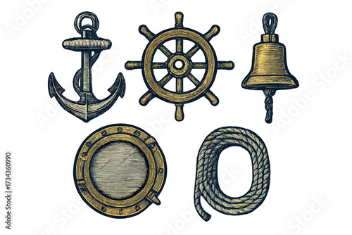 Collection of vintage nautical elements including anchor, ship's wheel, bell, porthole, and coiled rope on white background