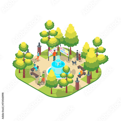 Cartoon Color Character People and Leisure Scene Park Summer Fest Concept 3d Isometric View. Vector illustration