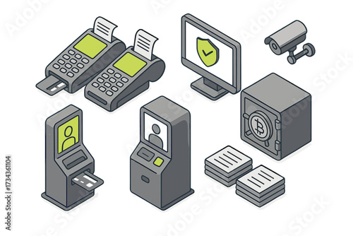 Modern financial transaction security and banking services with payment terminals, ATMs, and data protection