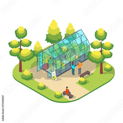 Cartoon Color Character People and Glass Greenhouse with Plants Scene Park Summer Fest Concept 3d Isometric View. Vector illustration