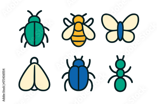 Assortment of vibrant insect icons featuring beetles, a bee, a butterfly, a moth, and an ant in a clean, modern design style
