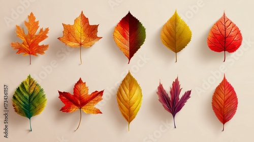 A vibrant assortment of autumn leaves showcases a spectrum of colors, capturing the essence of the season's beauty in a studio-quality still life.