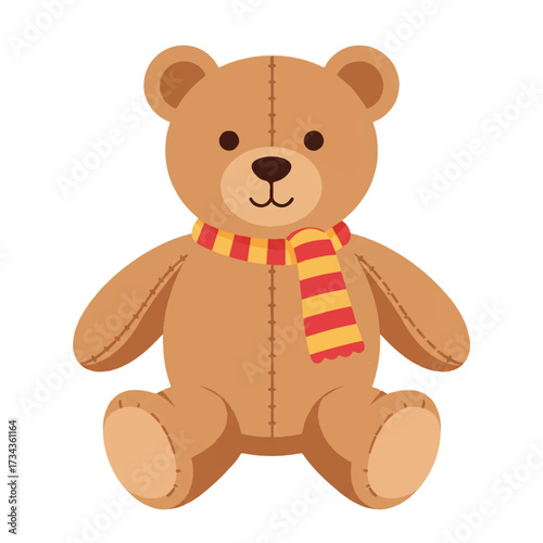 A charming and cute teddy bear toy, adorned with a cozy scarf, is presented as a vibrant 2D flat vector illustration against a pristine plain white background, radiating warmth and innocence.