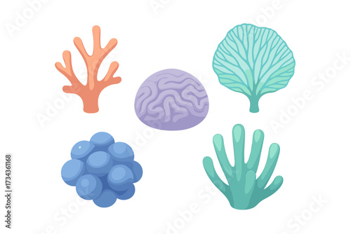 Stylized collection of colorful coral reef elements and diverse marine plants for underwater themes and ocean life designs