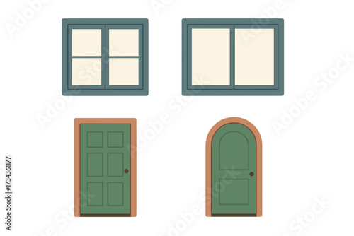 Collection of house windows and doors in various architectural styles for building design and construction