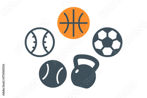 Collection of sports and fitness equipment icons including basketball, soccer, baseball, tennis, and kettlebell