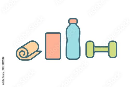 Fitness equipment and accessories for a healthy active lifestyle including yoga mat towel water bottle dumbbell