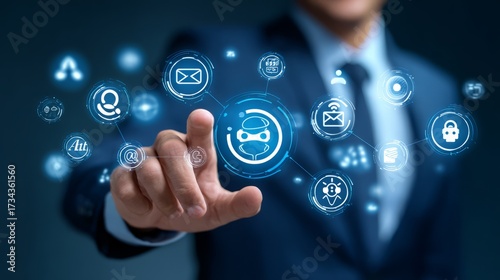 An executive expertly navigates the digital realm, activating a futuristic interface, symbolizing the convergence of advanced technology and business strategy.