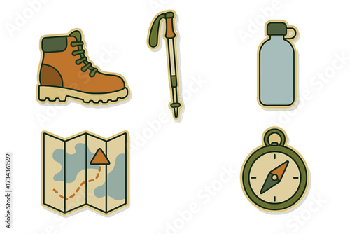 Essential hiking and outdoor adventure gear set including boots, pole, water bottle, map, and compass