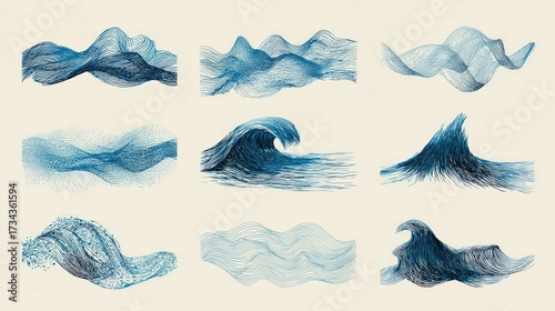 A collection of mesmerizing watercolor ocean wave illustrations, each stroke tells a tale of the sea, expressing fluidity and motion, evokes a sense of serenity and creative inspiration.