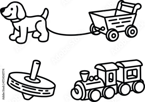 Cute hand drawn toy collection featuring dog pulling cart spinning top and train