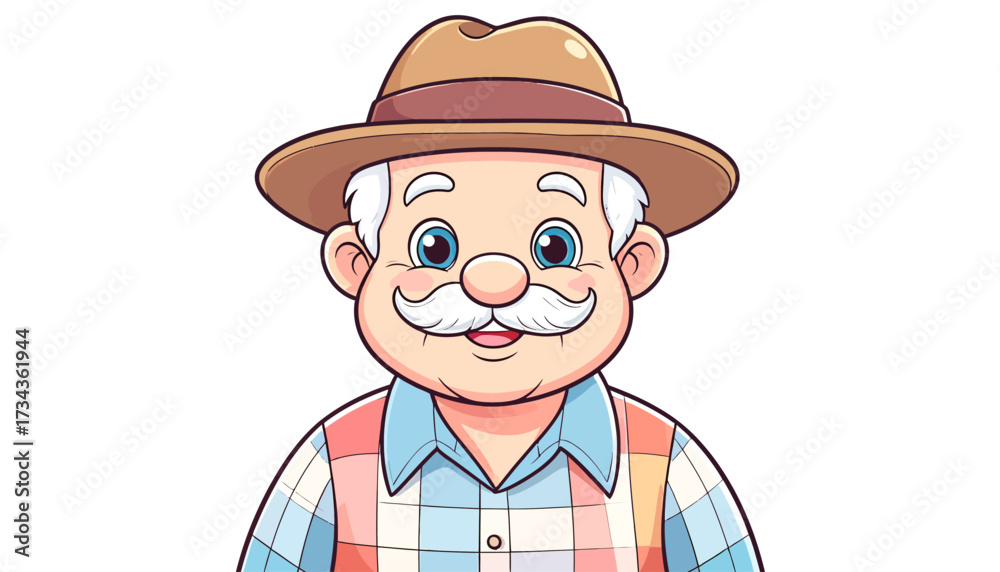 Fototapeta premium Cheerful Cartoon Farmer A Friendly Portrait with a Smiling Face in a Straw Hat, Ready for Work