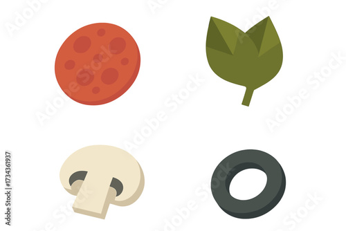 Delicious pizza ingredients set with pepperoni, mushroom, basil leaf, and black olive slices for cooking