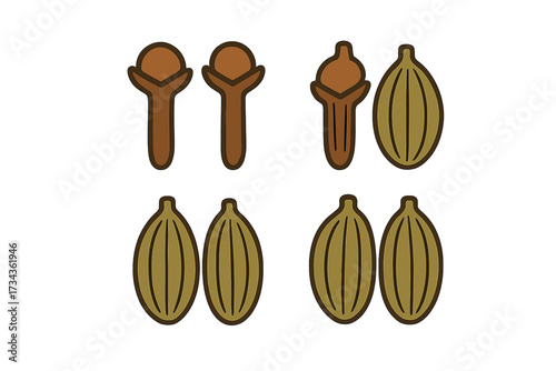 Assortment of aromatic whole cloves and green cardamom pods, essential spices for cooking, baking, and flavoring various dishes