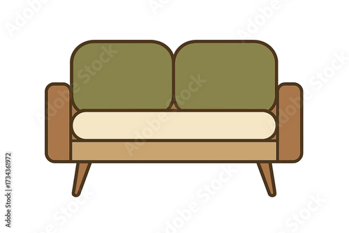 Stylish comfortable two-seater sofa with green cushions and wooden frame for modern living room interior design