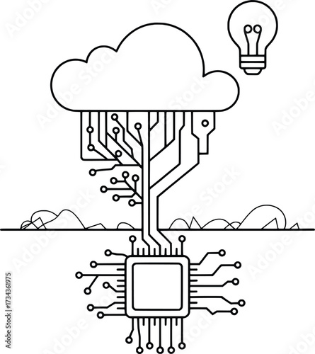 Cloud computing tree connects to central processor generating new ideas and innovation