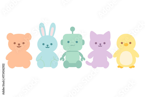 Charming group of pastel colored plush toy animals and a cute friendly robot character for children's designs