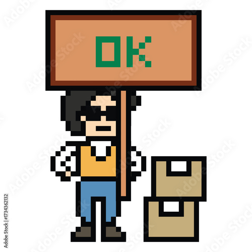 Cartoon pixel 8 bit character engineer man worker industry warehouse fix decoration 8 bit male boy male engineer construction storage game vector.