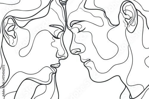 Minimalist line art illustration of two faces expressing connection and intimacy in black and white..