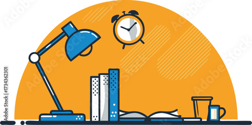 Modern Study Desk with Lamp Books and Clock Illustration vector