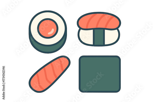 Stylized set of Japanese sushi, maki, nigiri, and sashimi, a vibrant collection of traditional Asian seafood dishes