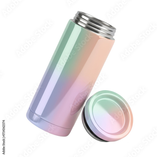 Stylish open thermos flask with a vibrant pastel rainbow gradient and a metallic screw top.