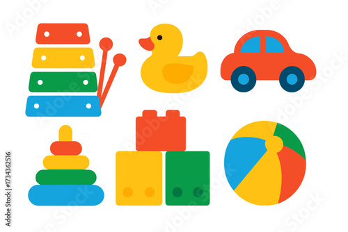 Vibrant collection of classic children's playthings including musical instruments, stacking rings, and building blocks for early development