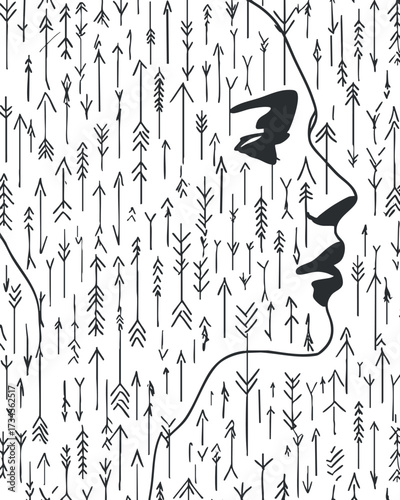 An abstract illustration of a female silhouette surrounded by intricate arrow patterns..