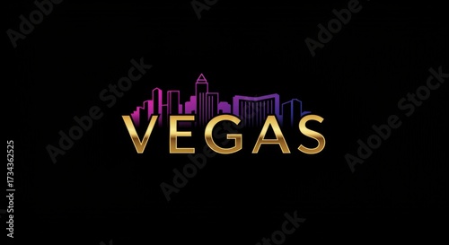 Elegant golden vegas text with cityscape silhouette against a dark background