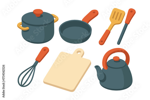 Assortment of modern kitchenware for home cooking including pots pans spatula whisk cutting board and kettle