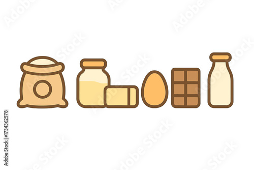 Assortment of essential baking ingredients for various culinary creations, featuring flour, oil, butter, egg, chocolate, and milk