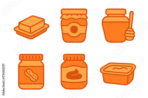 Collection of breakfast spreads and condiments icons including butter, jam, honey, and peanut butter