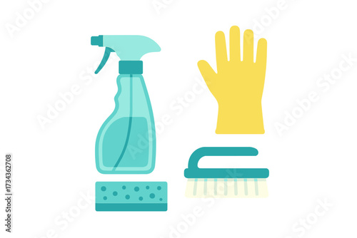 Assortment of cleaning supplies including spray bottle, sponge, protective glove, and scrub brush for household chores and hygiene
