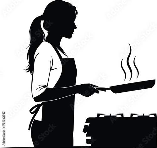 Cooking silhouette, chef at stove, frying pan, steam rising, kitchen scene, apron, culinary art, domestic life, black and white, vector illustration