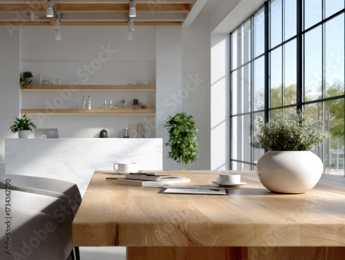 Modern bright room interior with wooden table and plants