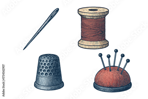 Collection of vintage sewing tools and accessories featuring a needle, thread spool, thimble, and pincushion