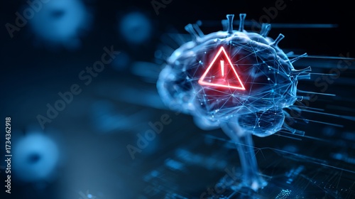 A conceptual illustration of a brain overlaid with virus particle, an attention-grabbing symbol that conveys the urgent need for awareness and investigation within the realm of science. 