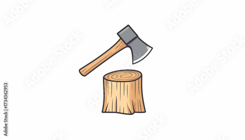 Illustration of an axe on a tree stump ready for chopping, isolated on a white background