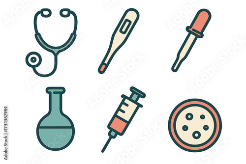 Collection of essential healthcare and scientific research tools featuring medical instruments and laboratory glassware for medical and scientific studies