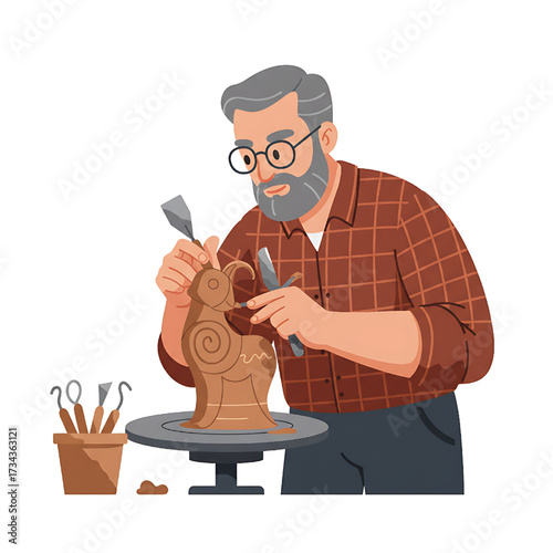 Senior Sculptor Crafting Clay Statue with Tools Artistic Hobby Creative Work