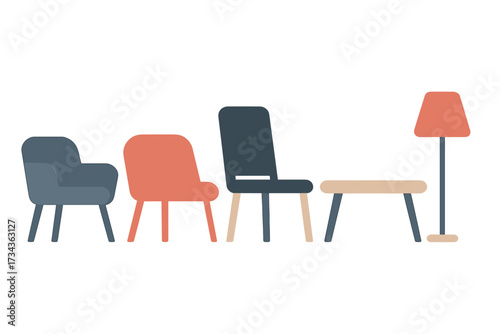 Stylish contemporary minimalist furniture set featuring various chairs, a coffee table, and a modern floor lamp design