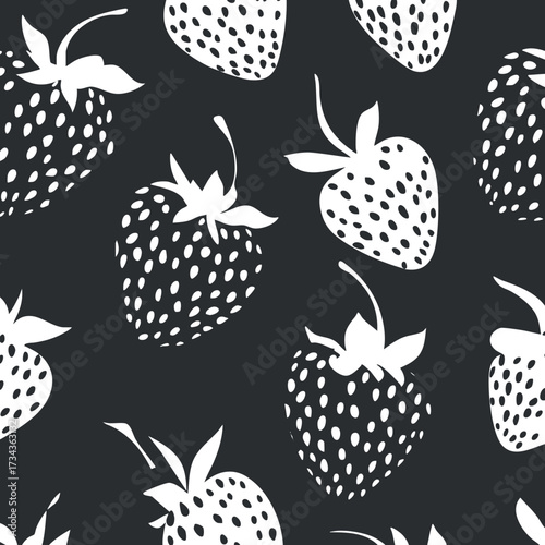 A seamless pattern featuring stylish white strawberries on a black background, ideal for graphic design..