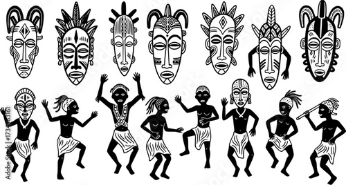 Hand drawn burkina faso culture with masks and dancing figures